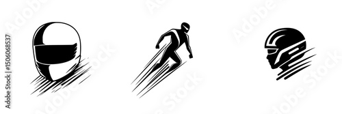 Icon set showcasing helmet designs and a skater in dynamic motion suitable for sports branding and promotional materials