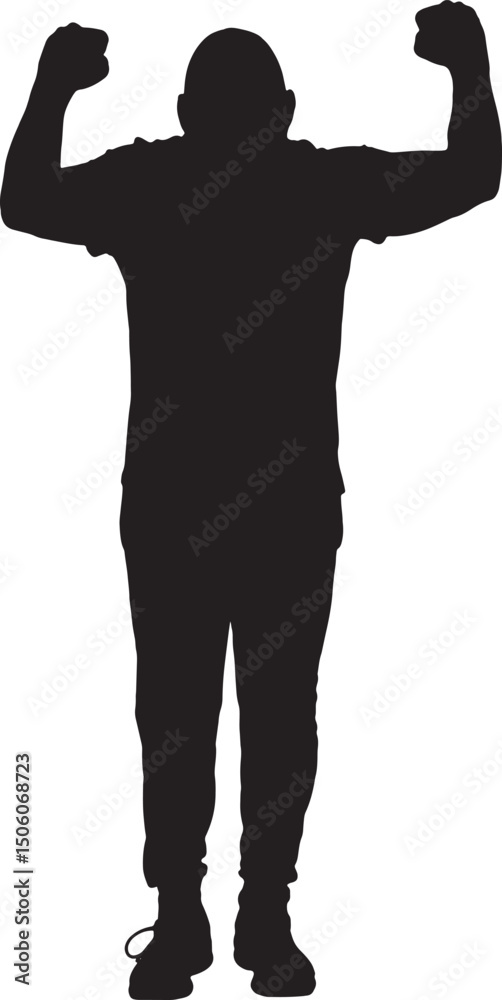 Fototapeta premium vector; silhouette front view man standing with two arm raised showing victory