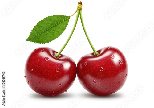 Two ripe red cherries with a green leaf isolated on white background