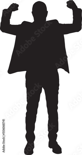 vector; silhouette man standing with arms raised showing strength