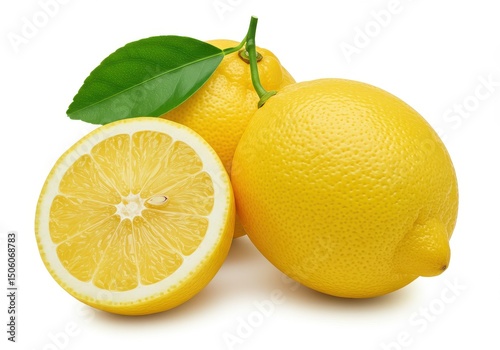 Fresh lemons with leaf isolated on white background, one cut in half showing juicy pulp