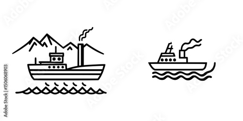 Icon set featuring illustrations of ships against mountainous landscapes and calm waters