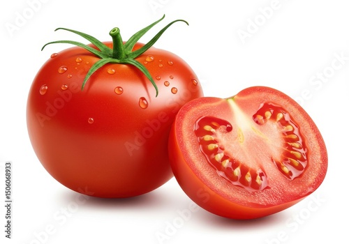 Fresh red tomato and a half isolated on white background, vibrant and juicy