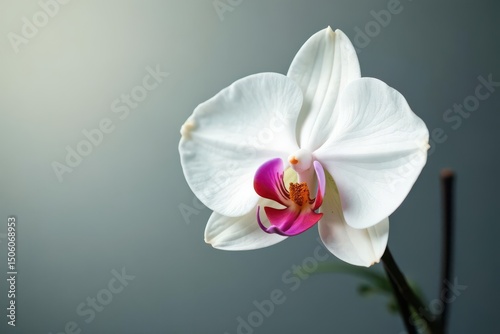 Delicate white orchid blossom, pristine background, studio shot, flower, clean
