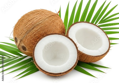 Fresh coconuts with palm leaves isolated on white background, tropical and healthy food