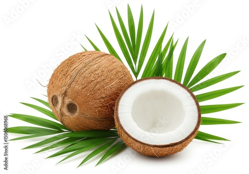 Coconuts and palm leaves isolated on white background