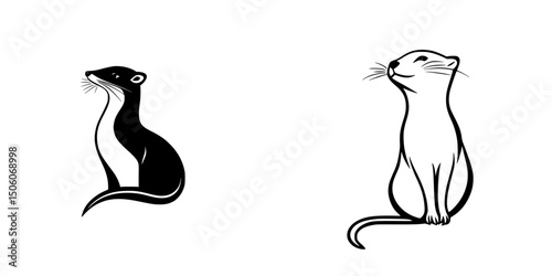 Stylized black and white icon set featuring a weasel and a cat in a minimalist design style