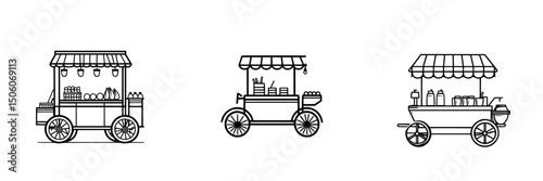 Variety of street food cart icons showcasing different food options and styles in a minimalist design