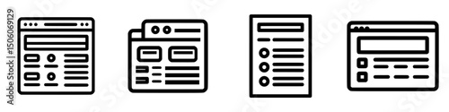Icon set depicting various web interface elements including buttons, tabs, and lists designed for user interaction and navigation