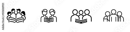 Icon set for group reading and collaboration activities featuring diverse figures engaged in discussion