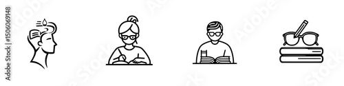 Icon set showcasing diverse activities and interests related to reading, studying, and leisure time