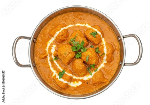 Delicious butter chicken curry garnished with cream and parsley isolated on white background