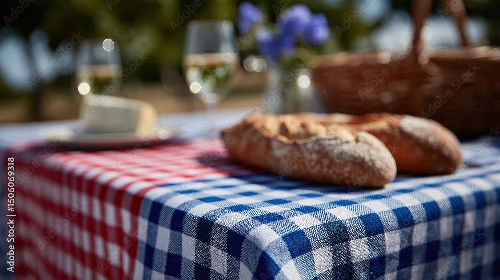 Obraz premium parisian picnic culture, parisians delight in a communal picnic red-white-blue tablecloths, baguettes, wine, and cheese create a joyful scene in a public park