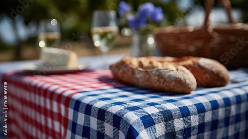 parisian picnic culture, parisians delight in a communal picnic red-white-blue tablecloths, baguettes, wine, and cheese create a joyful scene in a public park