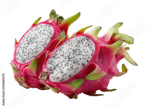 Cutting open fresh dragon fruit tropical location food bright environment isolated on transparent background