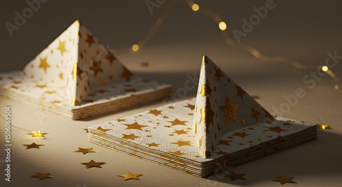 Decorative Party Napkins with Golden Stars, Side Light and Shadows