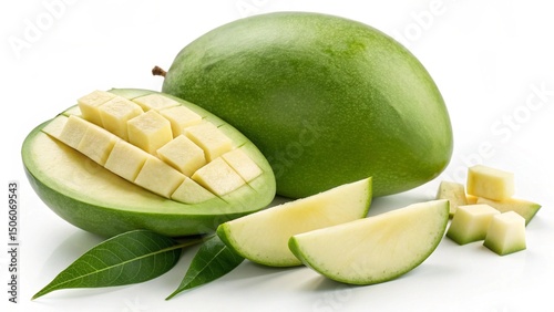 A close up of green mangoes with one cut into cubes and slices on a white surface background created with generated ai