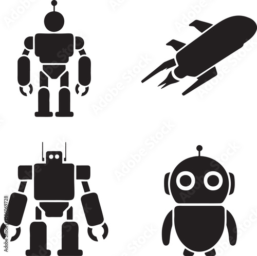 Robot silhouette set vector isolated On Transparent Background