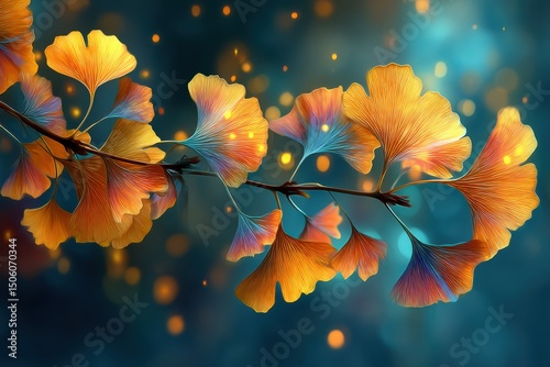 Golden ginkgo leaves glowing against a dreamy blue background — ideal for wellness themes, spiritual designs, nature-inspired branding, or poetic editorial illustrations.