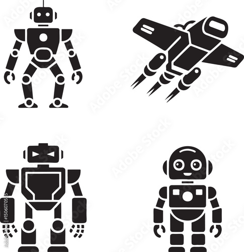 Robot silhouette set vector isolated On Transparent Background