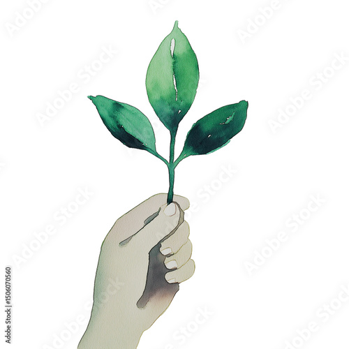 Watercolor illustration of a hand gently holding a green plant with three leaves, symbolizing growth and sustainability, isolated on transparent background