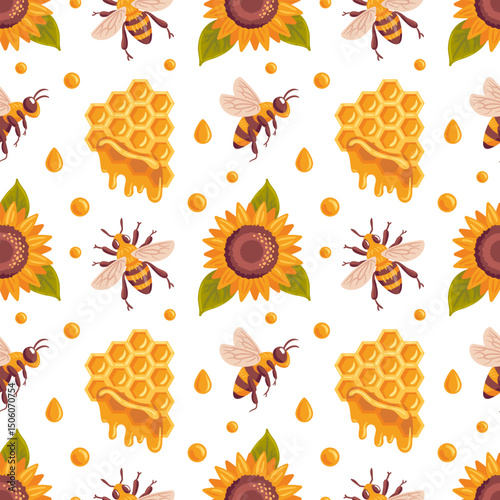 Seamless pattern featuring bees, honeycombs, and sunflowers, creating a vibrant and cheerful design. This illustration captures the essence of nature and the harmony between pollinators and flowers.