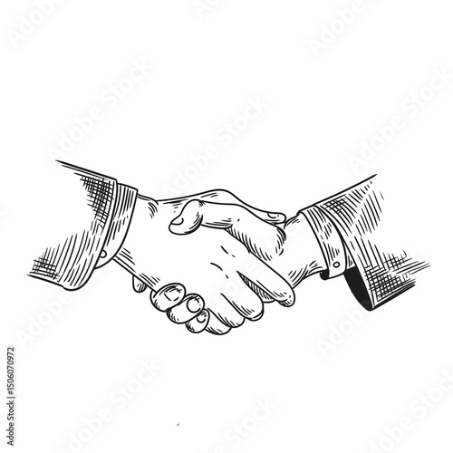 Hand-drawn illustration of hands performing handshake actions closing a deal in linear style.