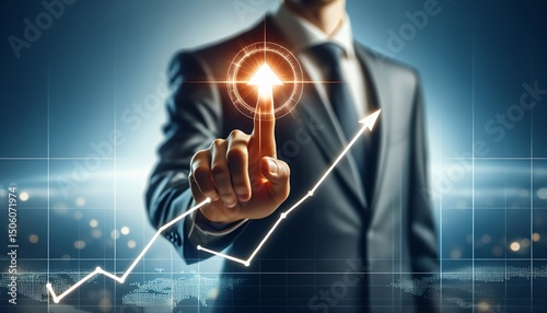 A businessman touching a rising graph, representing business growth.
