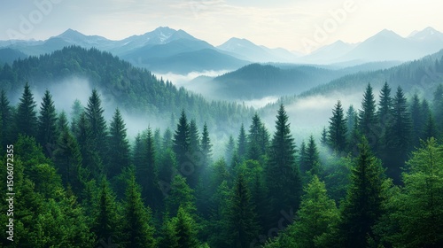 Evergreen trees and distant mountains bathed in soft sunlight, light fog drifts between the hills