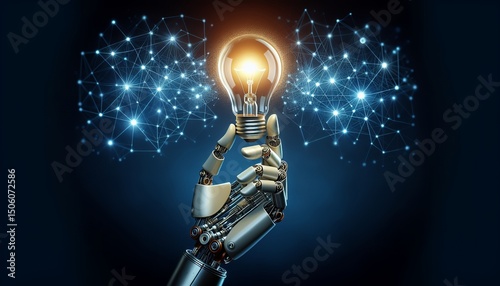 A robotic hand holding a glowing light bulb symbolises innovation and technology.
