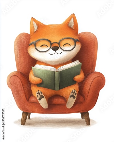 cute fox reading book illustration, adorable fox reading book in chair, cozy fox reading book cartoon art