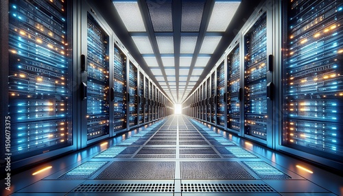 The data center is futuristic, with glowing servers and a bright light at the end of the corridor.
