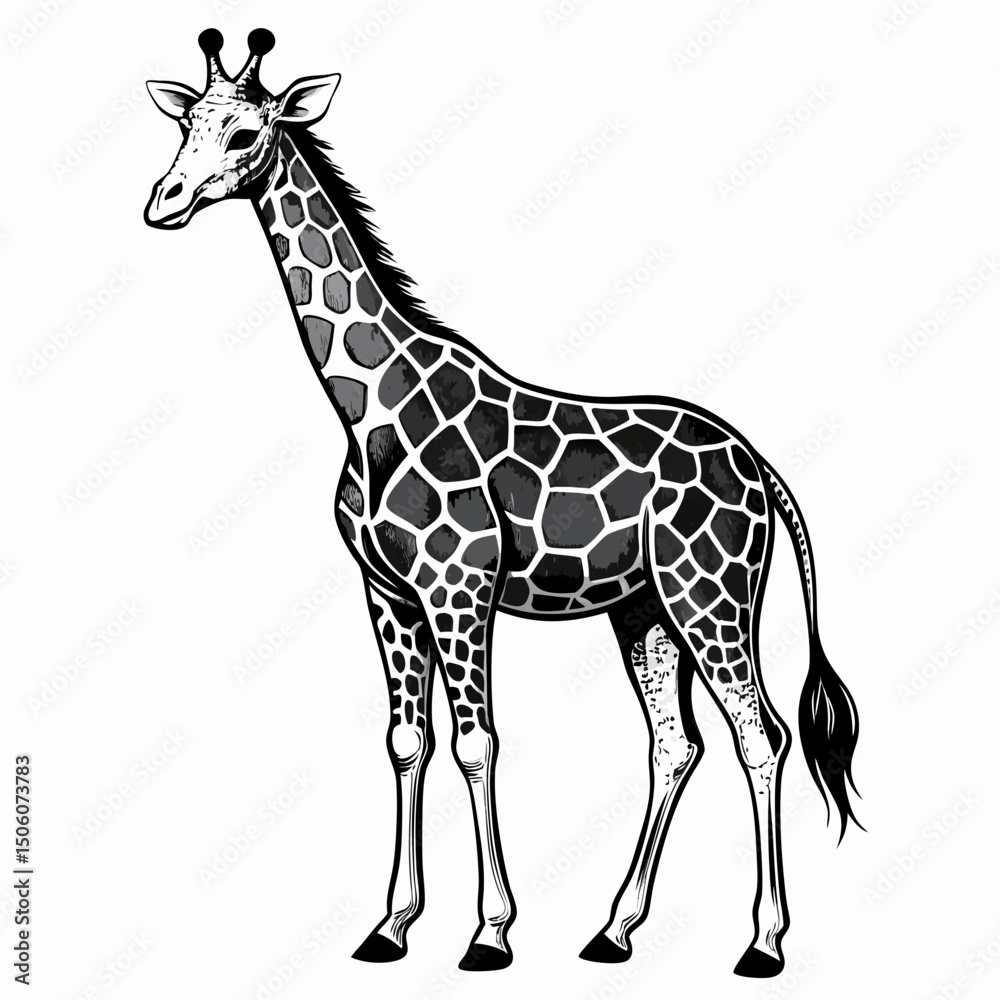 Naklejka premium Sketch African giraffe black and white illustration. Giraffe drawn sketch in doodle style on a white background. Illustrated in vintage hand-drawn style.