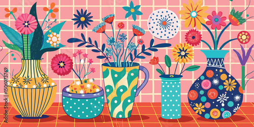 Colorful hand drawn floral illustration in vases still life against a tiled background