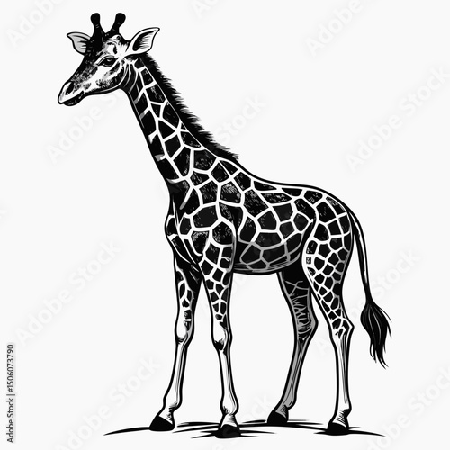 Sketch African giraffe black and white illustration. Giraffe drawn sketch in doodle style on a white background. Illustrated in vintage hand-drawn style.