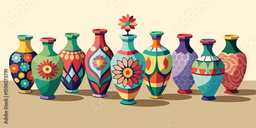 Diverse collection of colorful decorative vases with floral and geometric patterns illustration