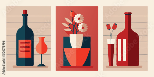 Still life featuring wine bottles vases and flowers in a minimalist aesthetic