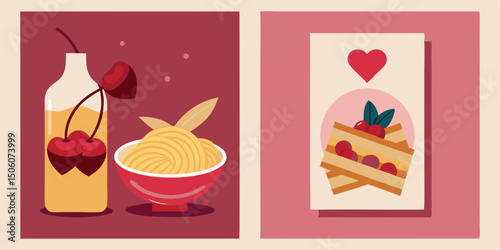 Still life illustration of cherry juice noodles and cherry pie with a heart