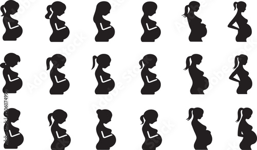 A set of pregnant woman vector silhouette icon collection