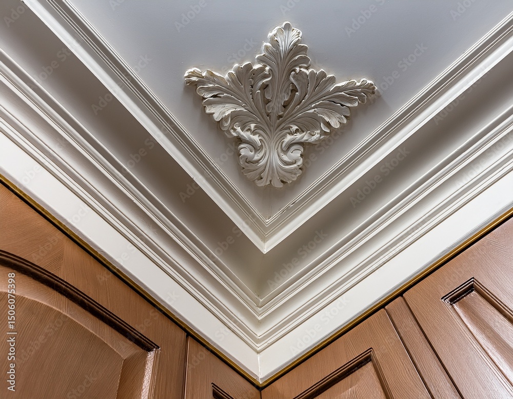 Obraz premium detail of corner ceiling cornice featuring elaborate crown molding