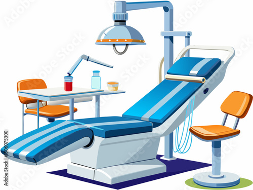 A high-quality vector illustration of a modern dental chair with attached equipment, footrest, and overhead light, isolated on a white background