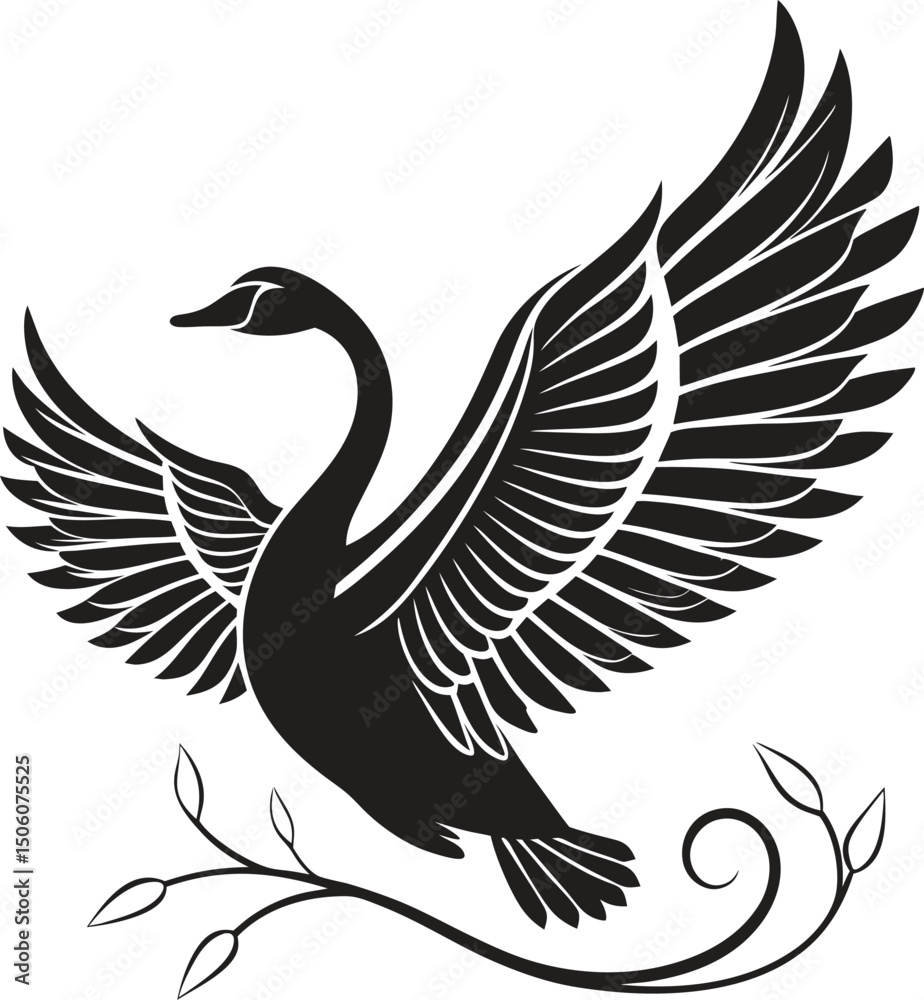 Obraz premium Elegant black swan with spread wings and floral design