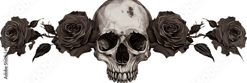 A black skull adorned with roses, representing gothic elegance and mystery.