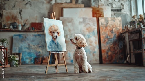 poodle dog painting a poodle portrait in studio, adorable poodle dog art in poodle painting studio, poodle dog portrait created by a poodle dog artist