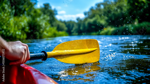 Colorful Kayak Paddles Gliding on River Water Surrounded by Forest