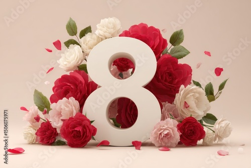 3D White Number 8 Surrounded by Vibrant Red and White Roses on a Light Background, Symbolizing Celebration, Elegance, and Romantic Themes, Concept of Floral Design, Weddings, and Event Decor
