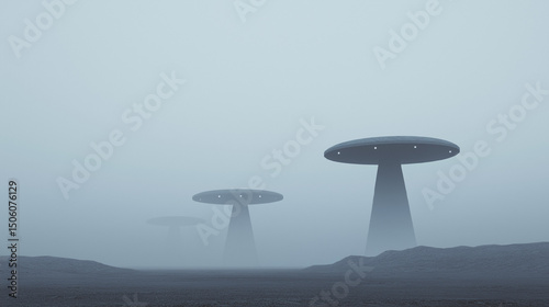 Alien landscape with futuristic towers in thick fog, sci-fi environment on a desolate terrain under a pale gray sky perfect for surreal projects