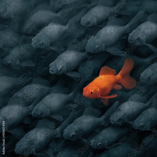Goldfish swimming against the current in opposite direction of dark fish school