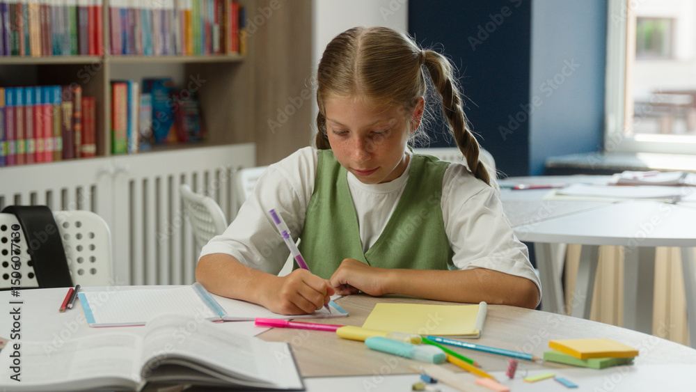 School primary education Caucasian schoolgirl pupil prepare exam writing test lesson course studying at desk library concentrated girl kid child student learner teen write homework classroom knowledge School primary education Caucasian schoolgirl pupil prepare exam writing test lesson course studying at desk library concentrated girl kid child student learner teen write homework classroom knowledge