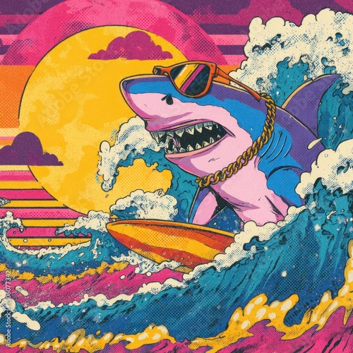 Cool shark surfing a big wave at sunset wearing sunglasses and gold chain